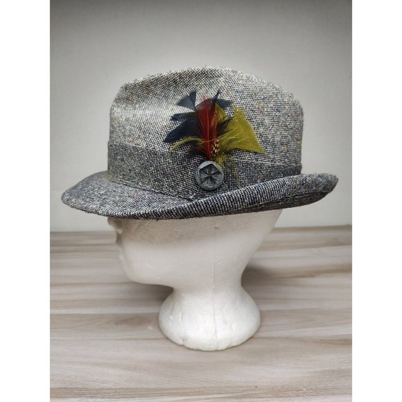 Vintage Men's United Hatters Cap Millinery Union Tweed Fedora Hat Sz 7 Feather - Picture 7 of 9